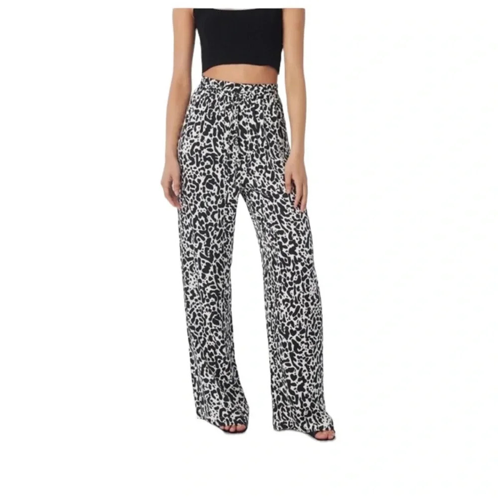 Lita by Ciara Black White Wide Leg Pants Animal Print Drawstring size S NWOT